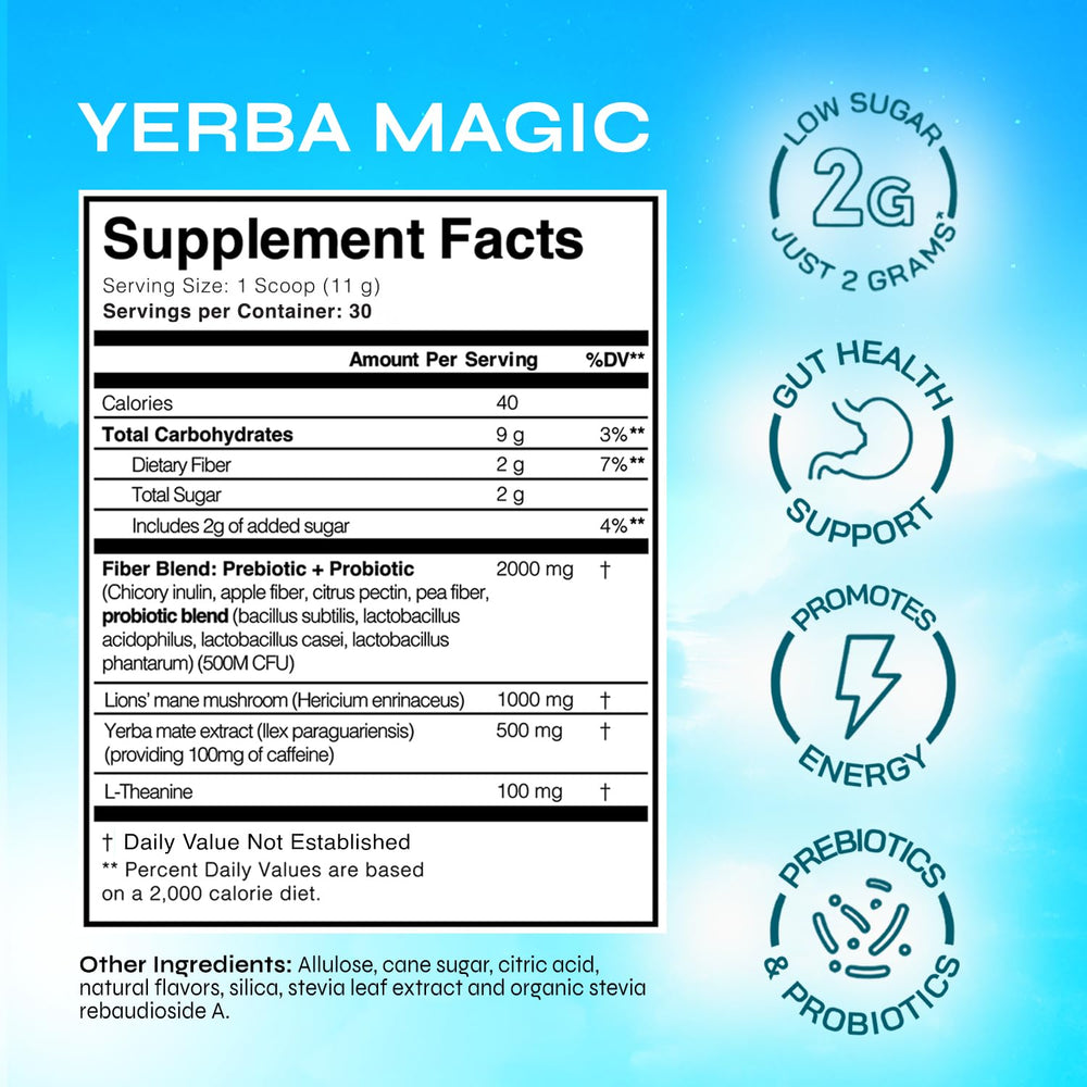 Brainista Yerba Magic scoop with powder hints at easy, quick mix for focus and vitality.