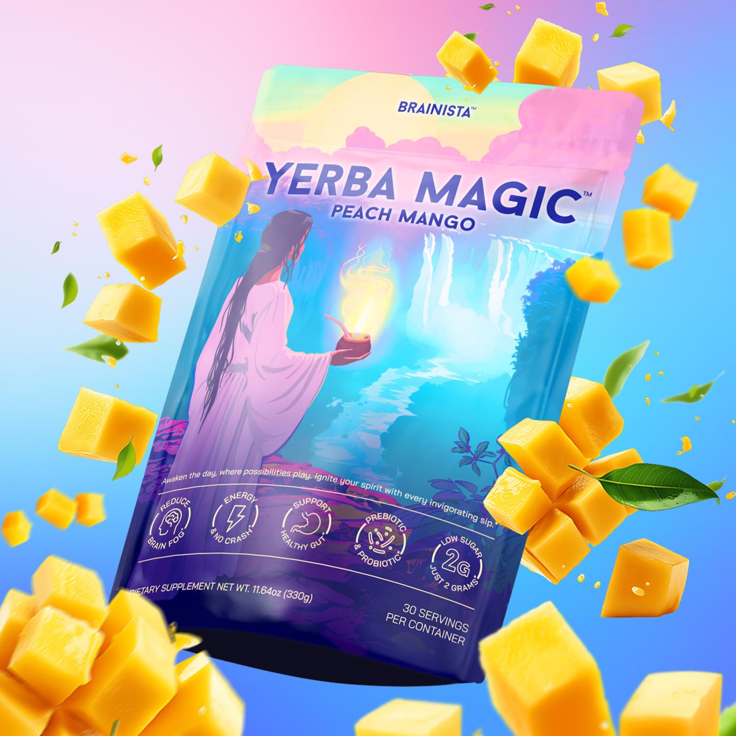 Pour Brainista Yerba Magic peach mango powder into water for quick flavor.