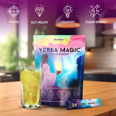 Open Brainista Yerba Magic stick pack beside water for instant refreshment.