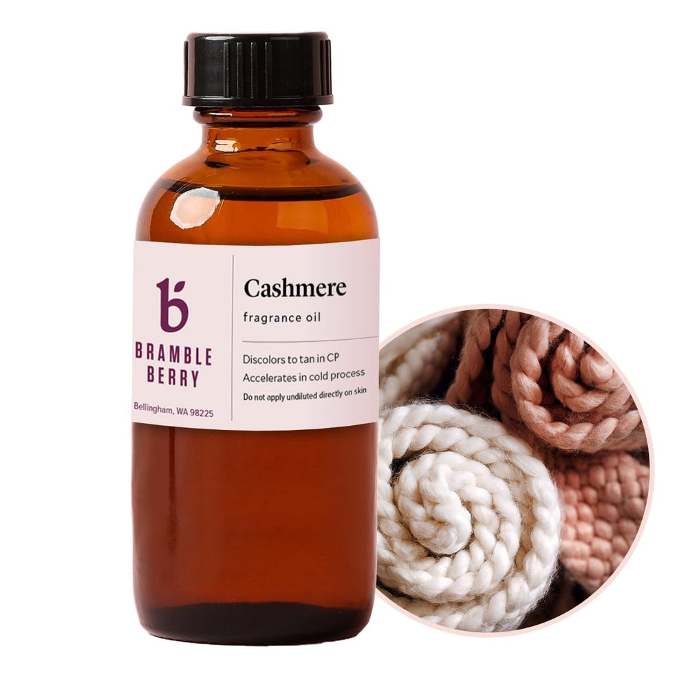 Bramble Berry Cashmere Fragrance Oil bottle shows warm vanilla aroma for DIY projects.