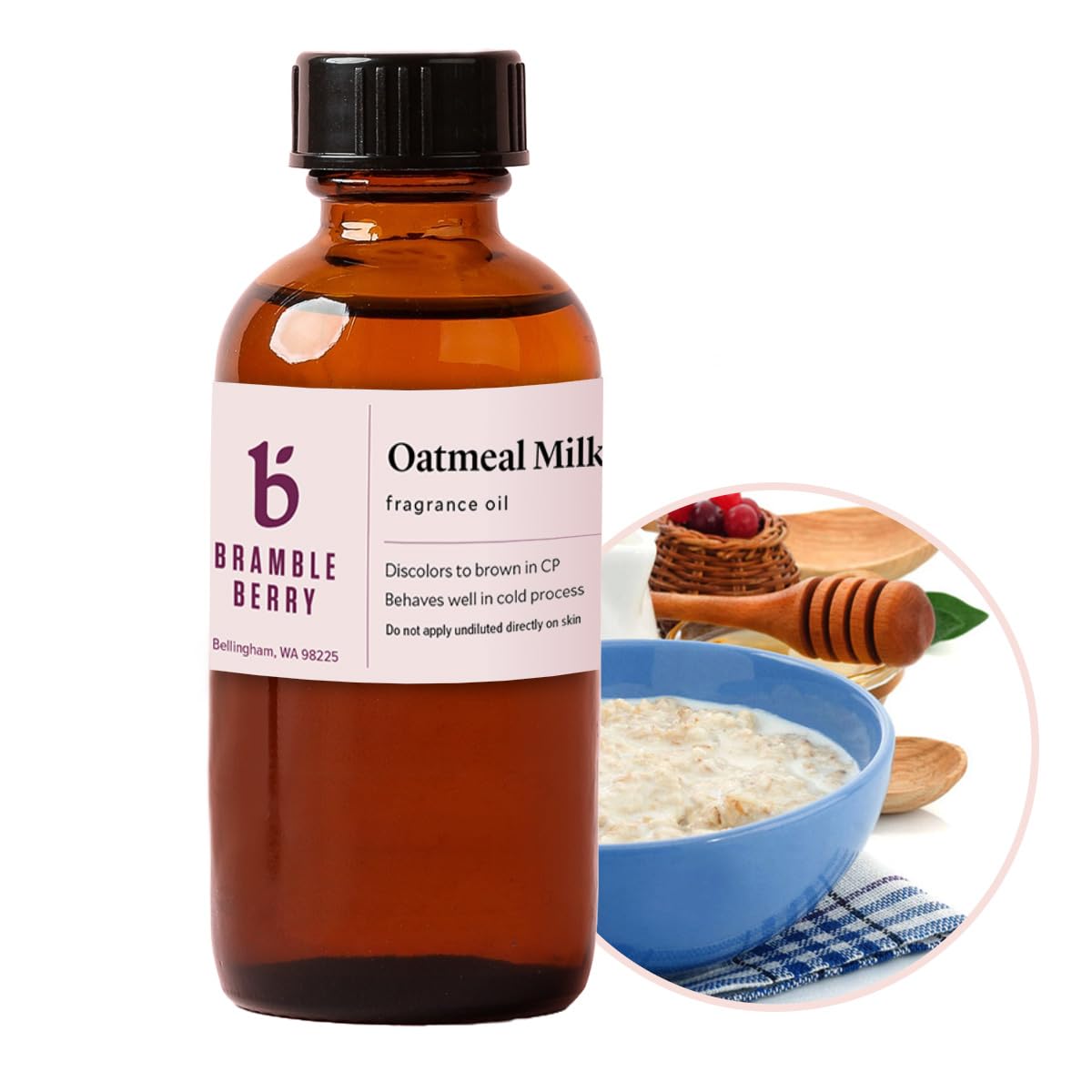 Bramble Berry Oatmeal Milk and Honey fragrance oil bottle, premium scent for soaps