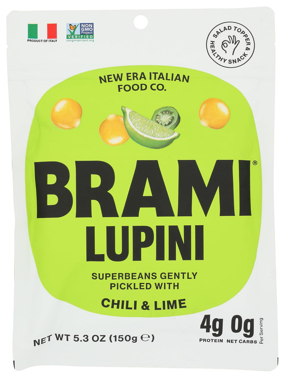 BRAMI Lupini Snack chili lime close-up showing a protein-packed bite.