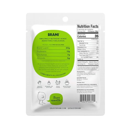 BRAMI Lupini Snack chili lime on shelf, ready for snacking.