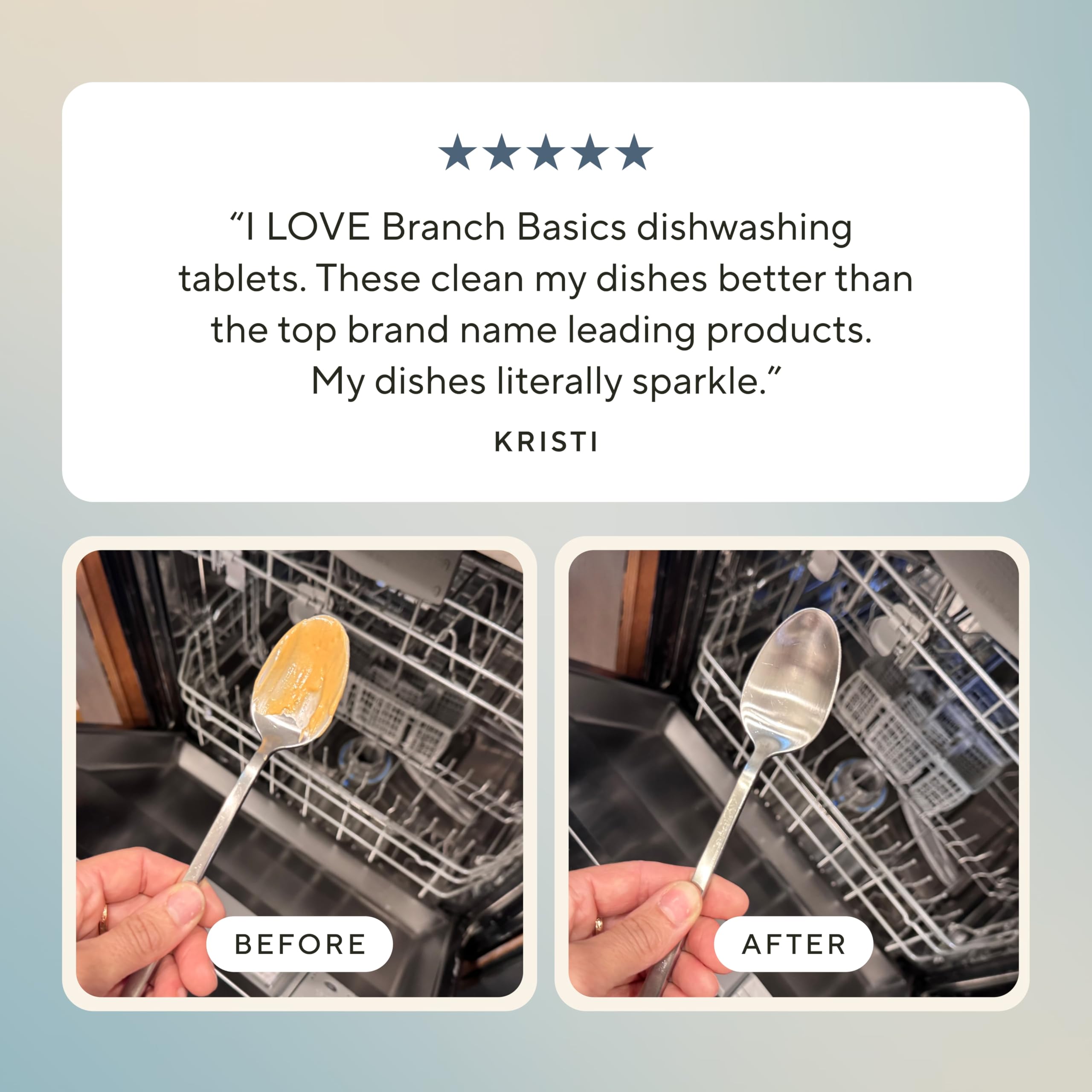 Branch Basics dishwasher tablets beside a clear water glass emphasize complete rinse.