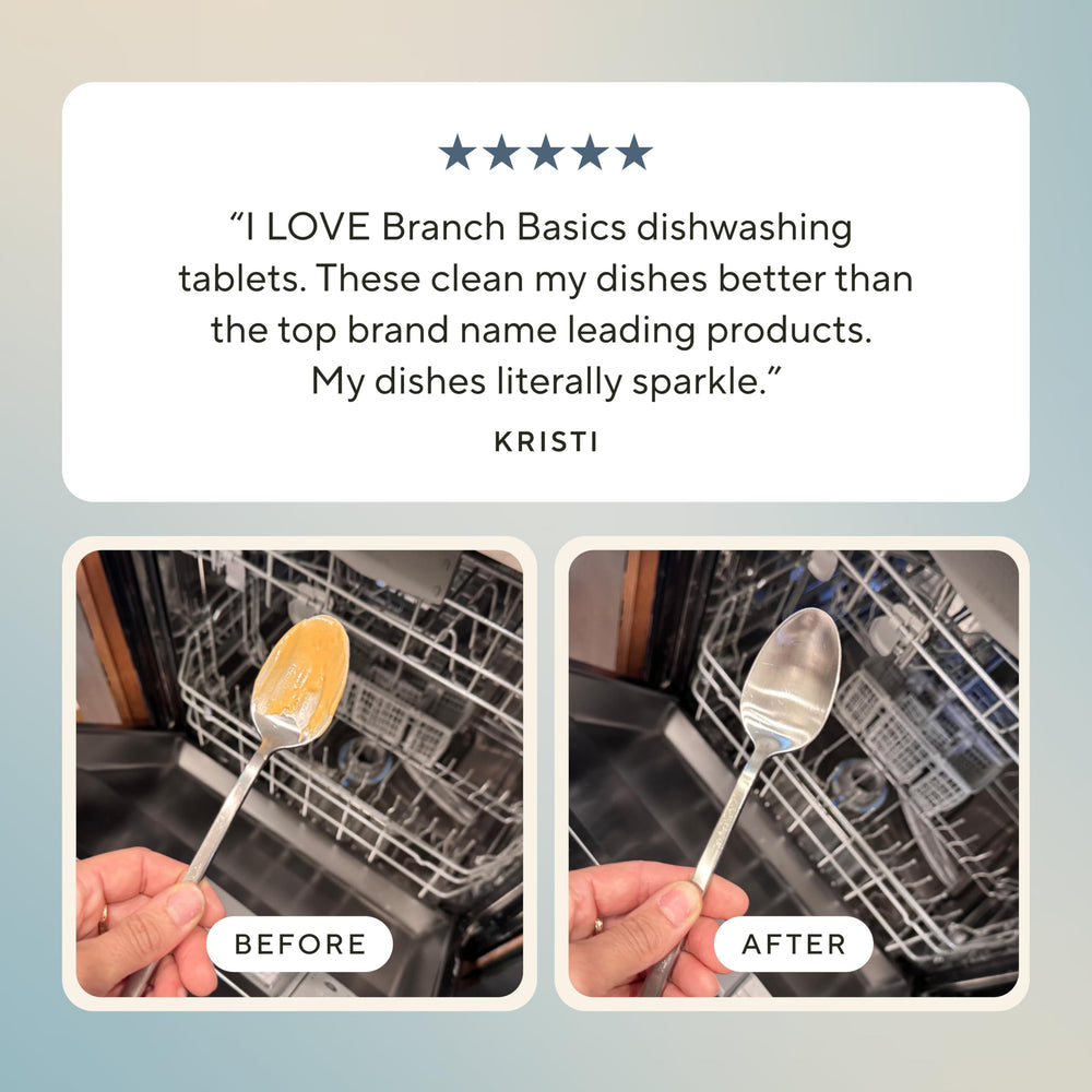 Branch Basics dishwasher tablets beside a clear water glass emphasize complete rinse.