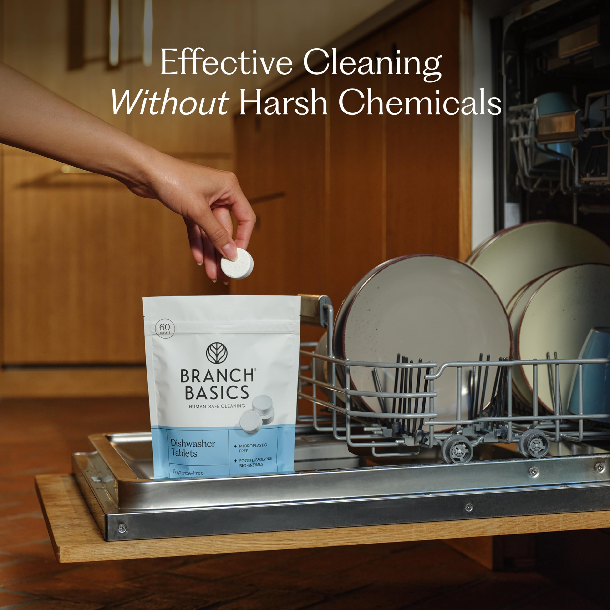 Branch Basics dishwasher tablets in a basket illustrate easy-to-store, biodegradable solution.