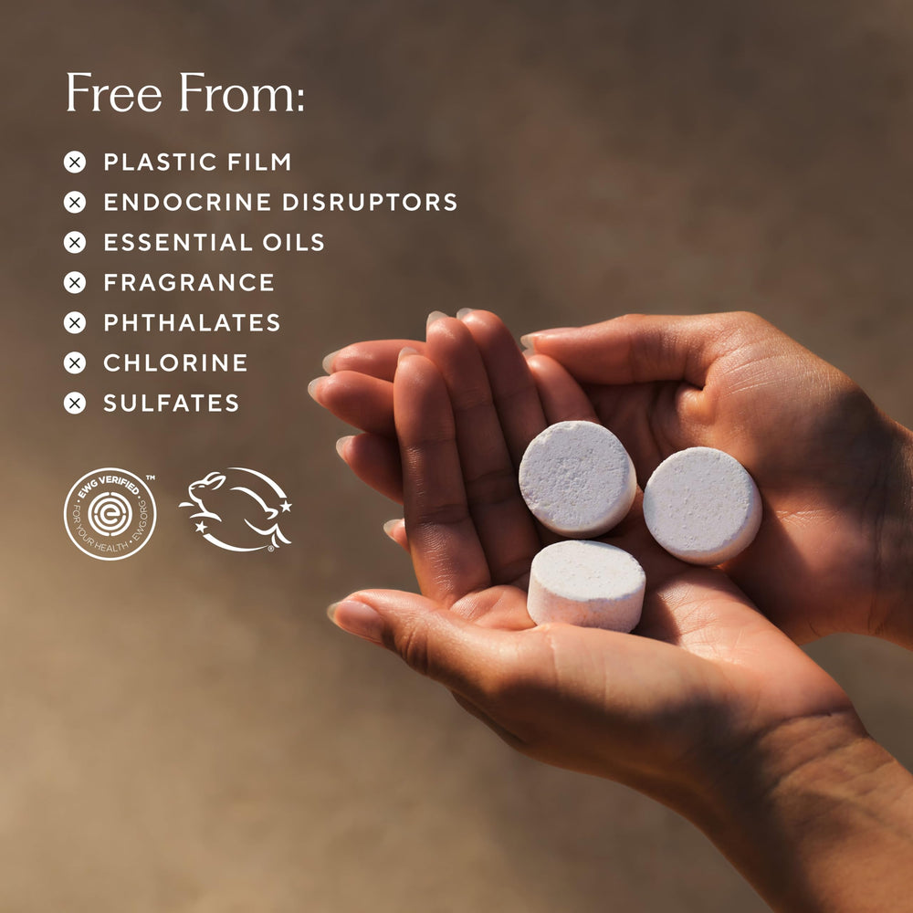 Branch Basics dishwasher tablets beside a clean glass highlight fragrance-free, safe solution.