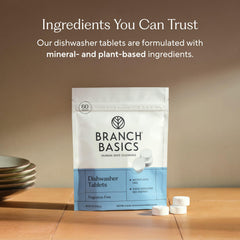 Branch Basics dishwasher tablets in use on a rack showcase versatile performance.