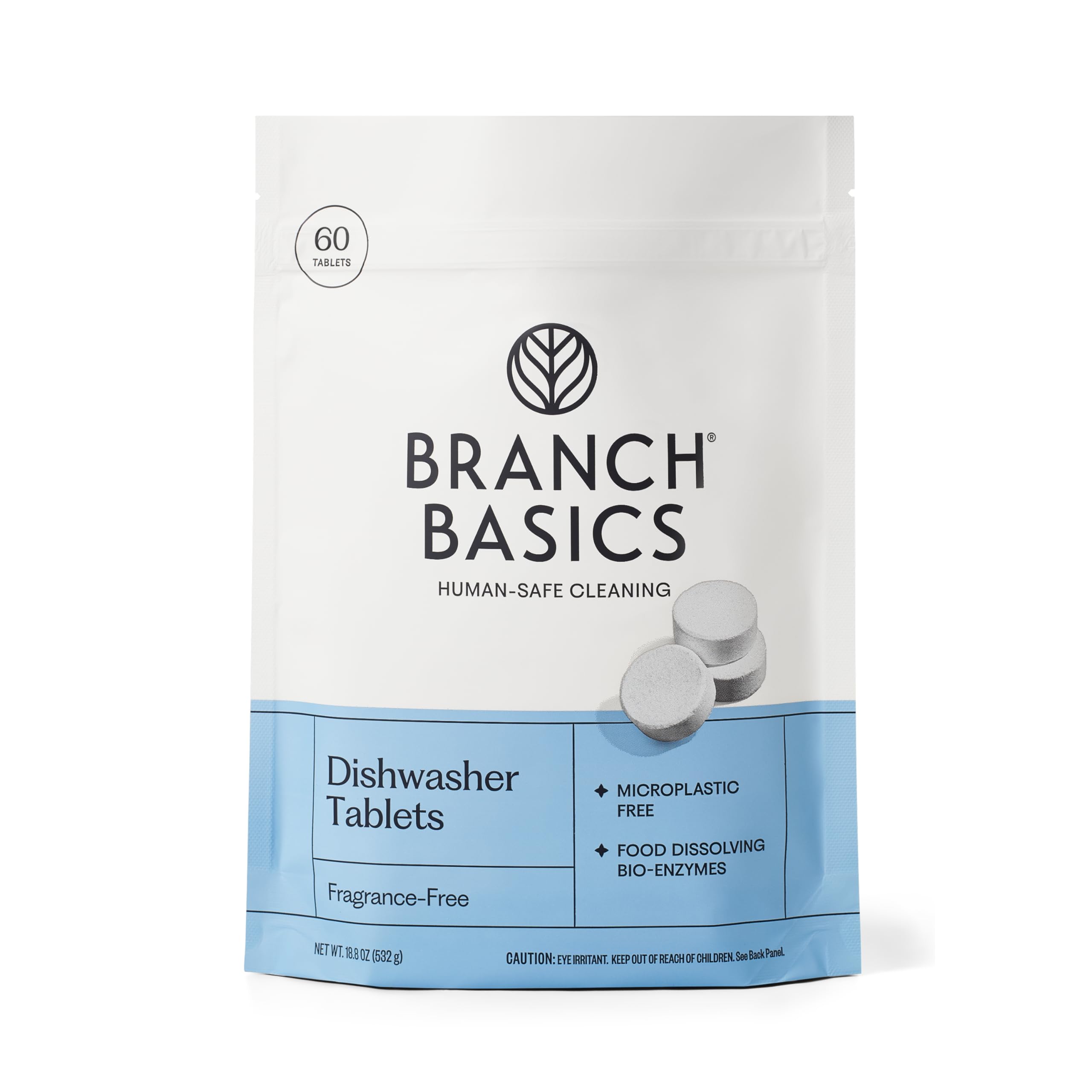 Branch Basics dishwasher tablets packaging emphasizes plastic-free, eco-friendly cleaning.