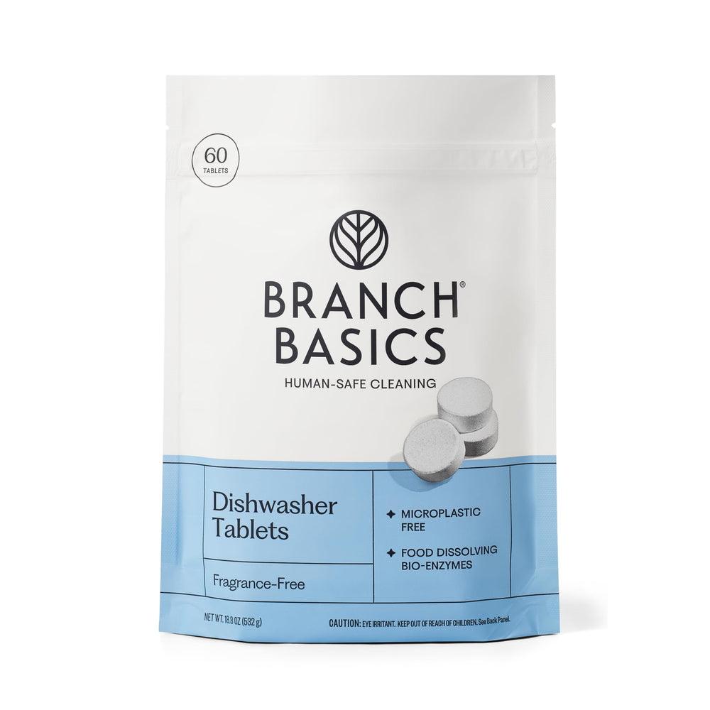Branch Basics dishwasher tablets packaging emphasizes plastic-free, eco-friendly cleaning.