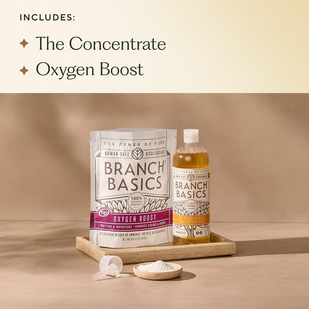 Branch Basics Oxygen Boost powder tub shows powerful stain removal and deep-cleaning potential.