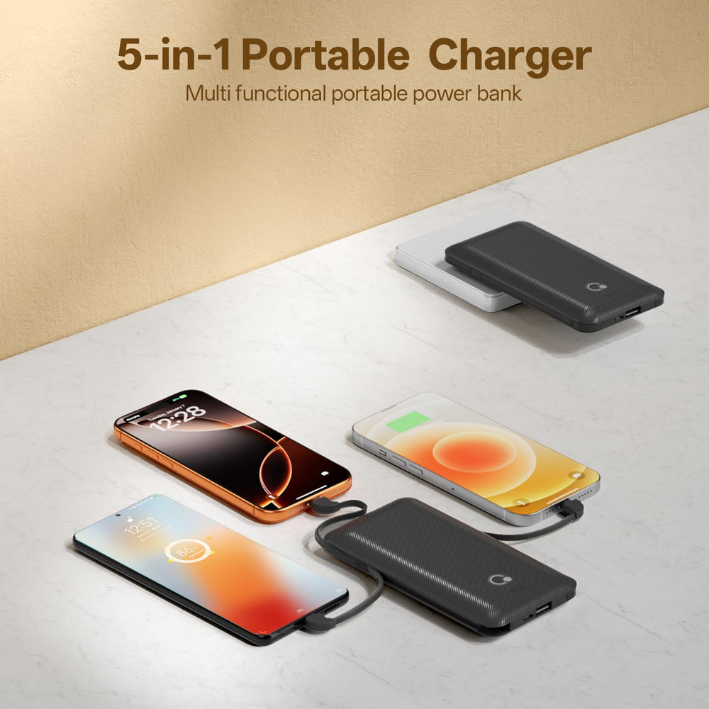 Brand Q slim power bank with integrated wall plug for travel.