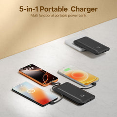 Brand Q slim power bank with integrated wall plug for travel.