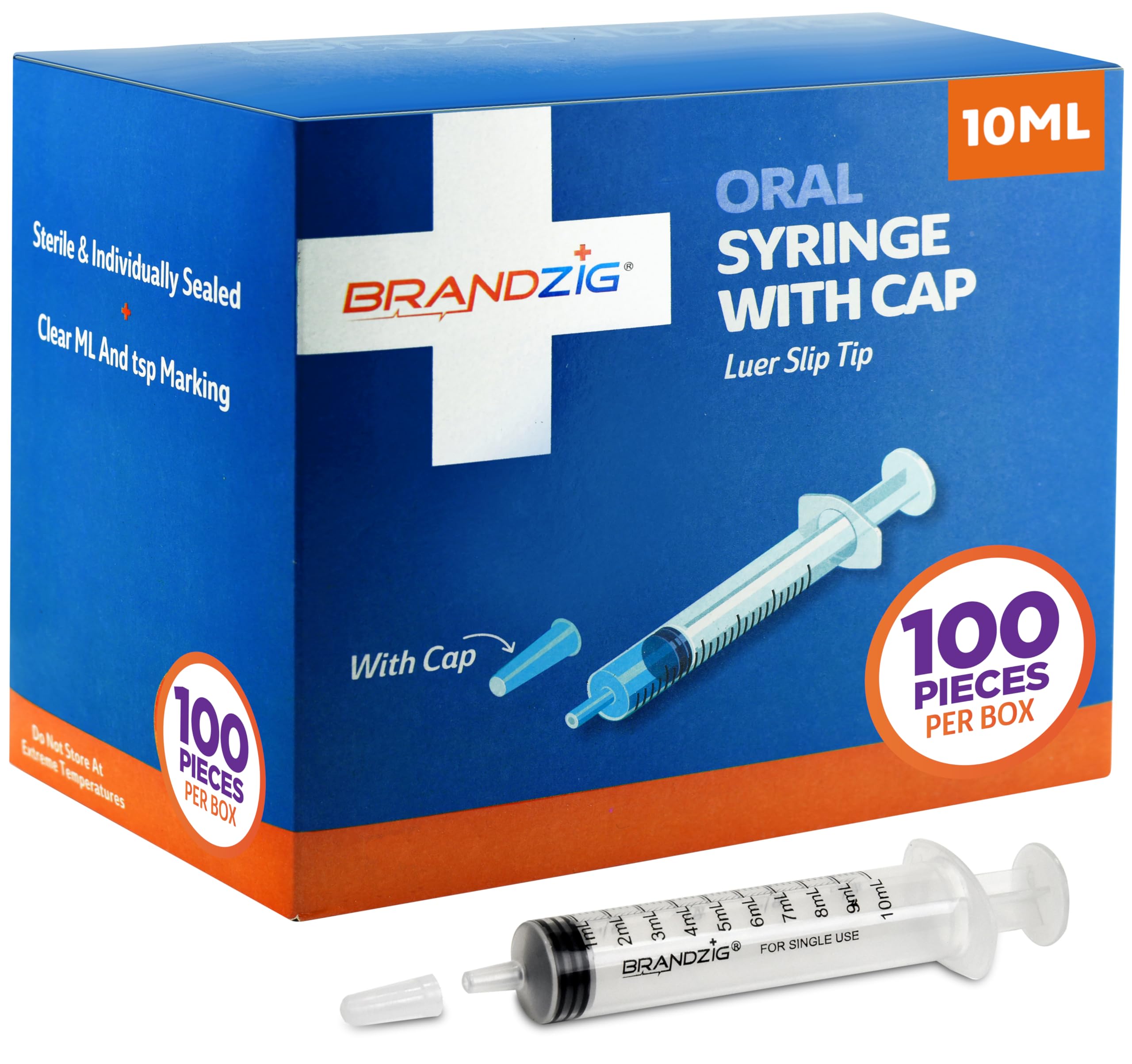 BrandZIG 10ml oral syringe with cap for precise, needle-free dosing.