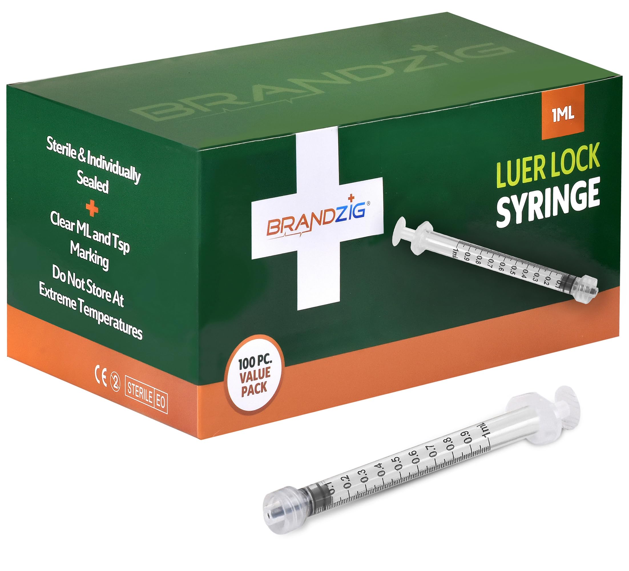 Brandzig 1mL syringe, individually wrapped, ideal for sterile handling and precise dosing.