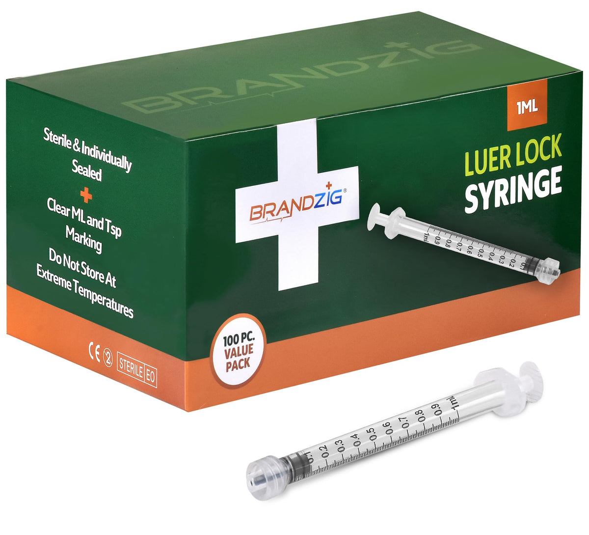 Brandzig 1mL syringe, individually wrapped, ideal for sterile handling and precise dosing.