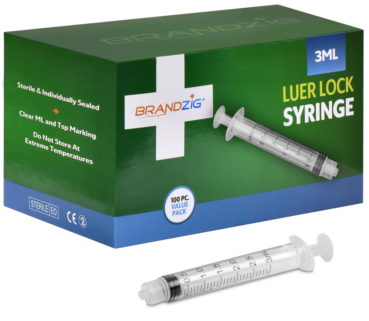 Brandzig 3ml Luer Lock syringe in sterile packaging for one-time use