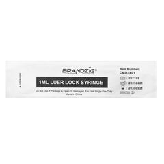 Brandzig syringe with Luer Lock tip closeup, secure seal for leak-free performance.