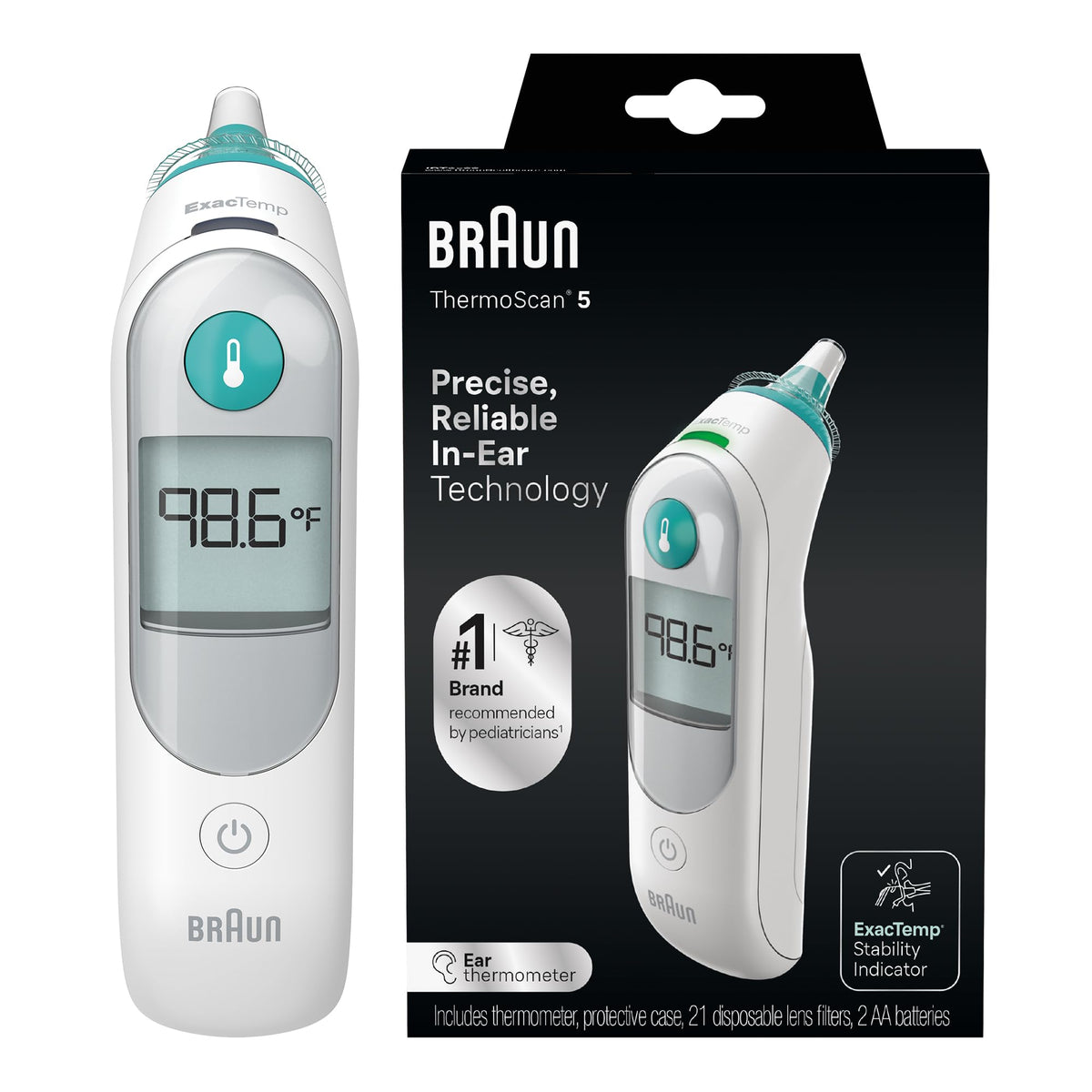 Braun ThermoScan 5 ear thermometer display showing a temperature reading for quick home checks