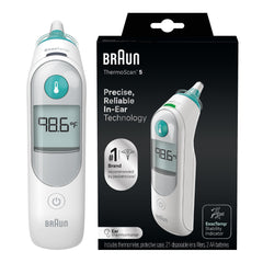 Braun ThermoScan 5 ear thermometer display showing a temperature reading for quick home checks