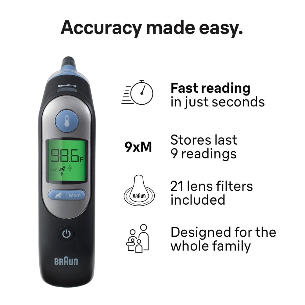 Braun ThermoScan 7 supports adults and children with age-adjustable guidance.