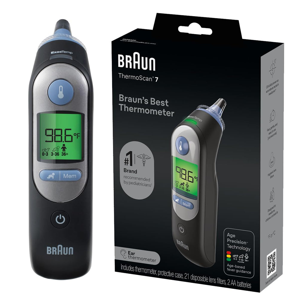 Braun ThermoScan 7 with pre-warmed tip for accurate ear readings.