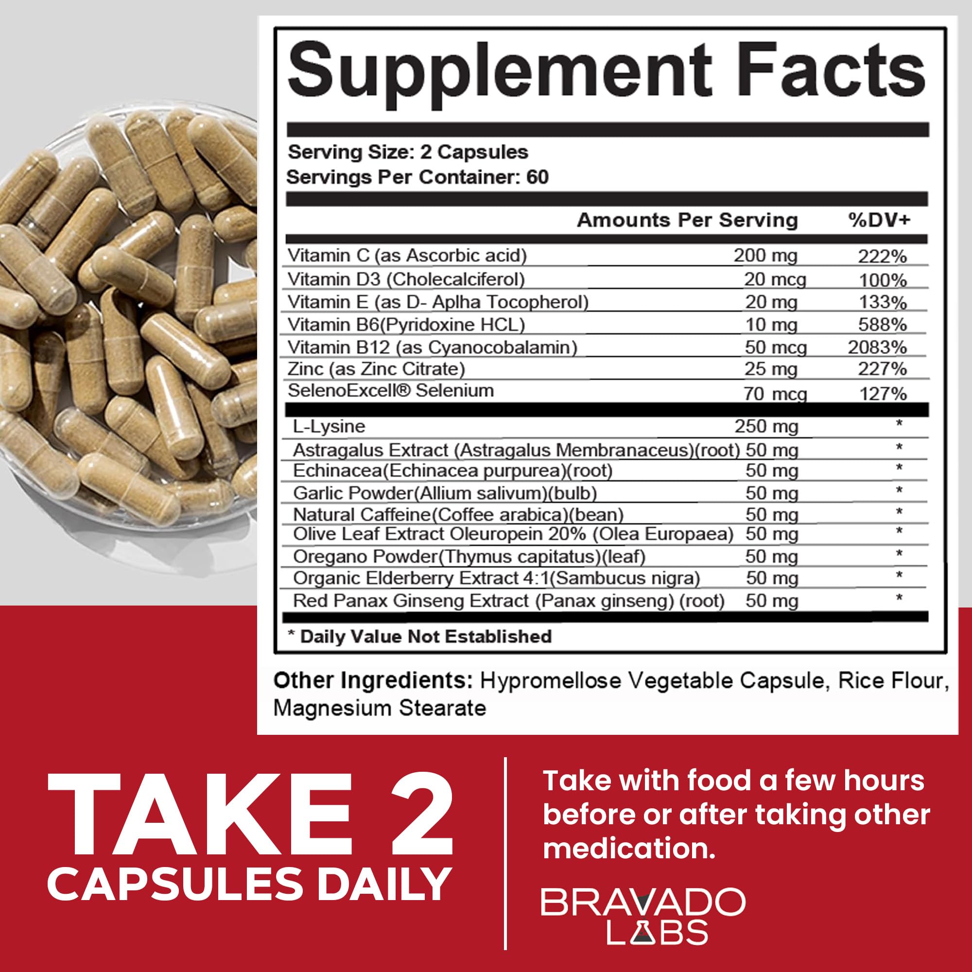 Bravado Labs L-Lysine capsules made in the USA.