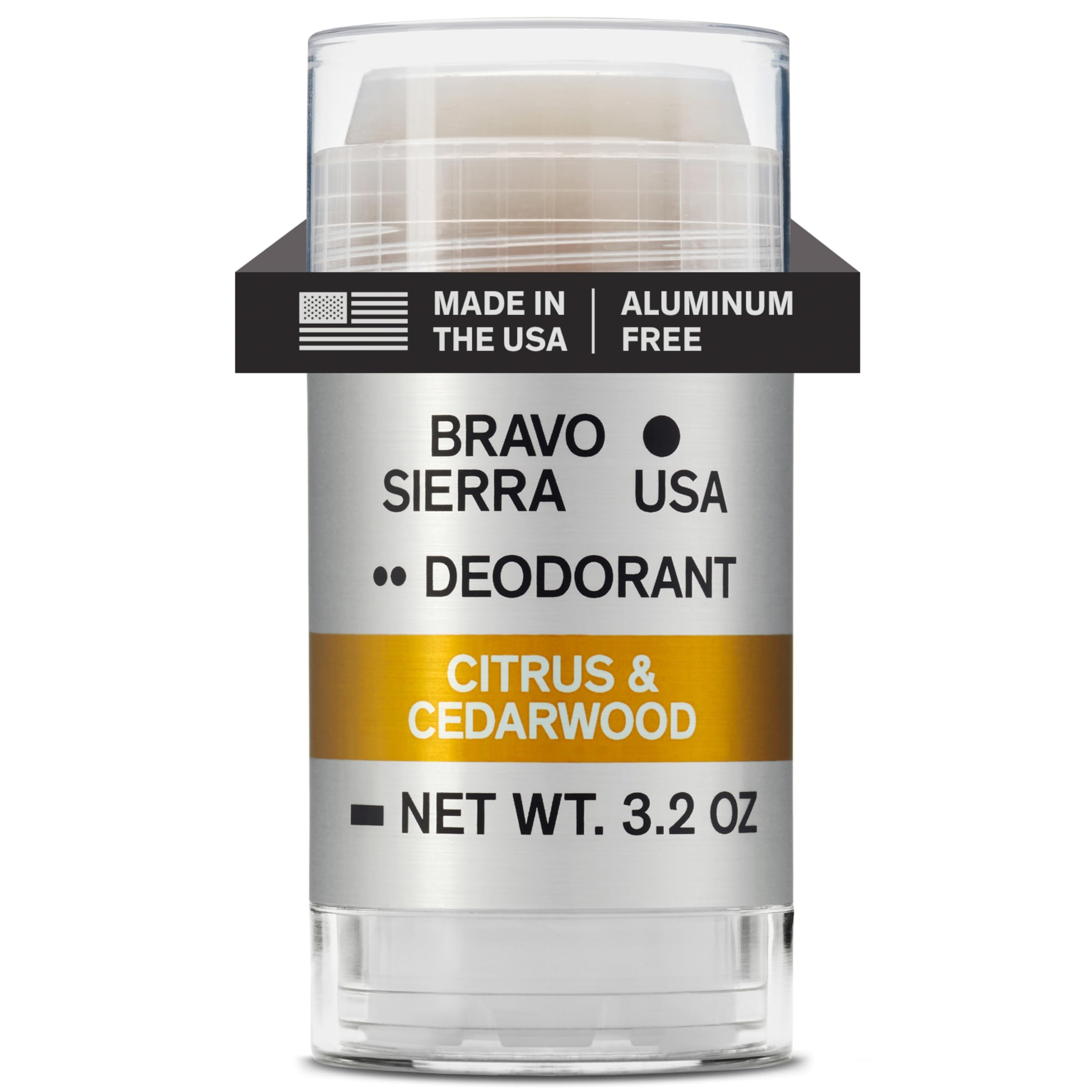 Bravo Sierra aluminum-free deodorant bottle shows citrus-cedarwood aroma for daily wear