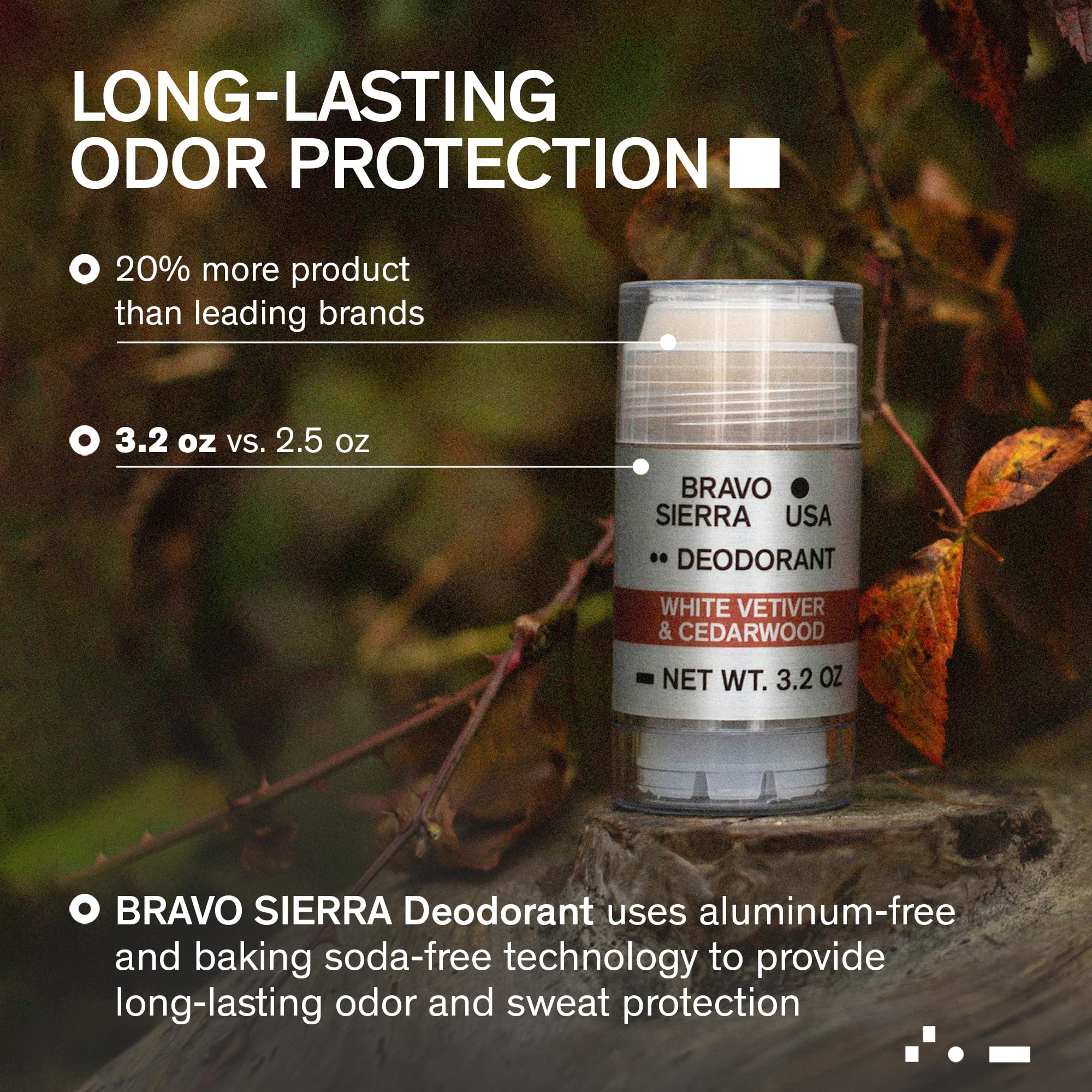 Bravo Sierra deodorant bottle label showing white vetiver and cedarwood scent.