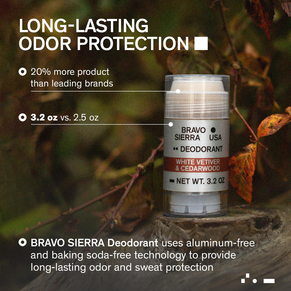 Bravo Sierra deodorant bottle label showing white vetiver and cedarwood scent.