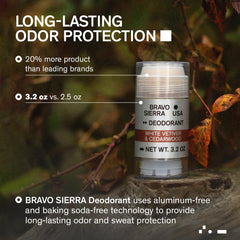 Bravo Sierra deodorant bottle label showing white vetiver and cedarwood scent.