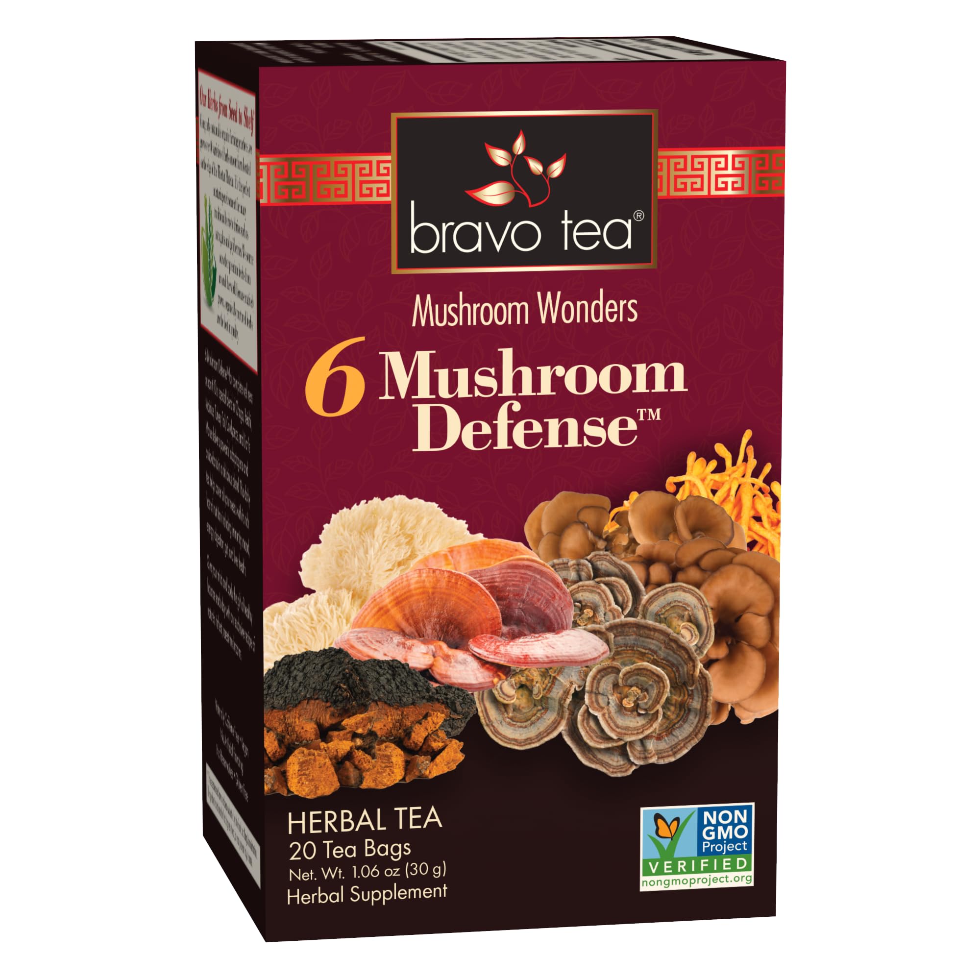 Bravo Tea 6 Mushroom Defense packaging showing caffeine-free herbal blend for daily use.