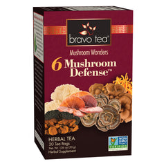 Bravo Tea 6 Mushroom Defense packaging showing caffeine-free herbal blend for daily use.