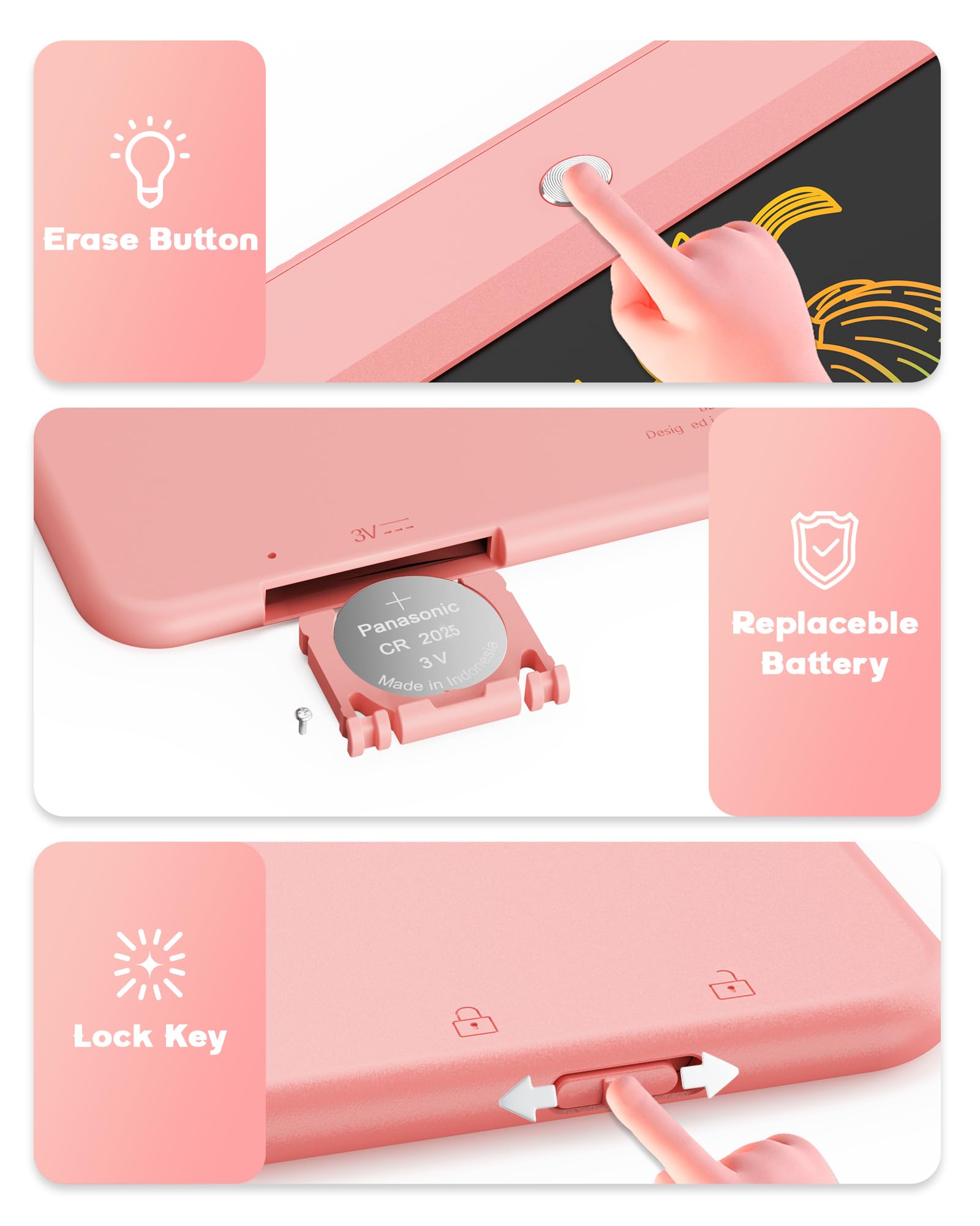 Bravokids erase button clears the screen quickly for continued drawing.