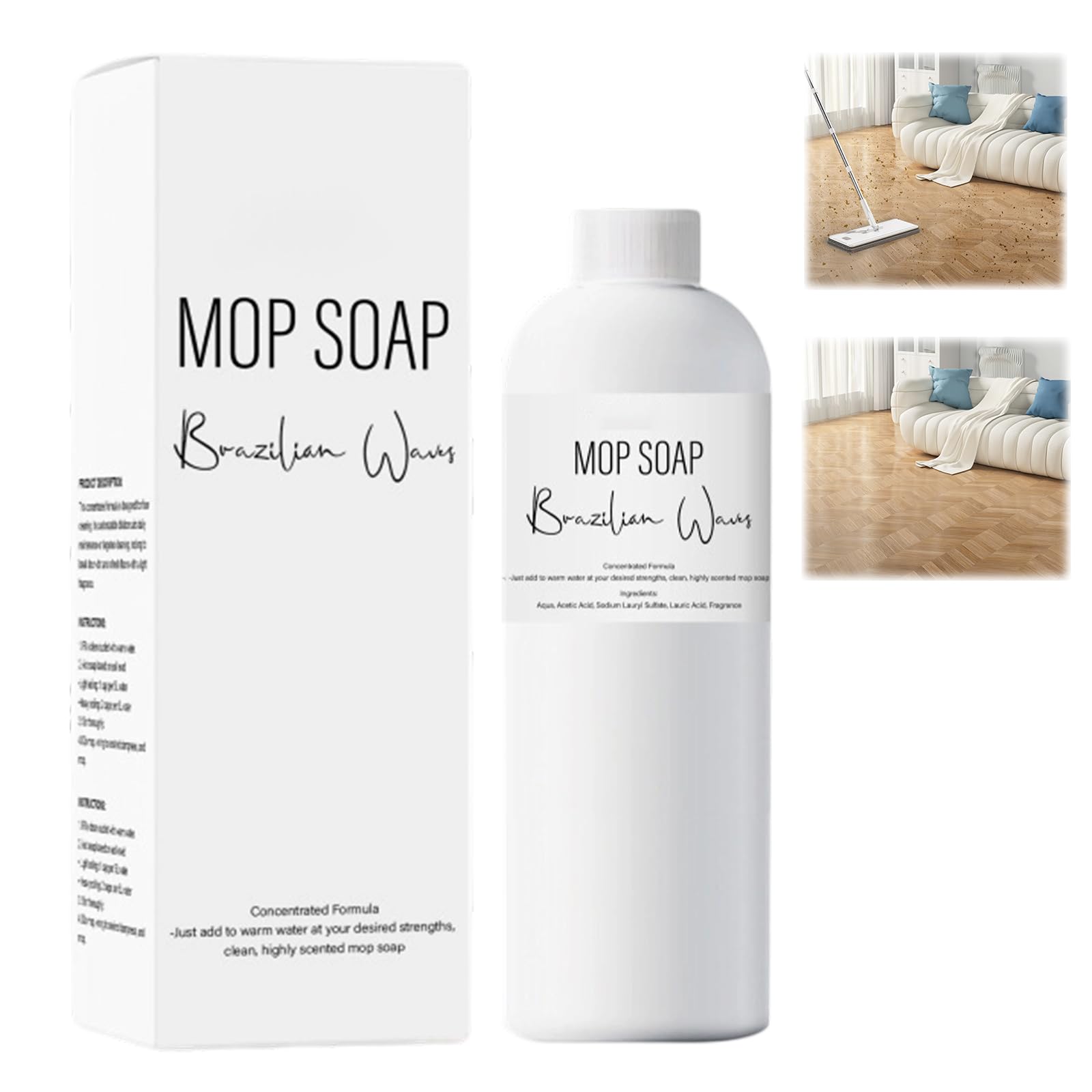 Brazilian Waves Mop Soap bottle closeup shows odorless formula for safe cleaning.