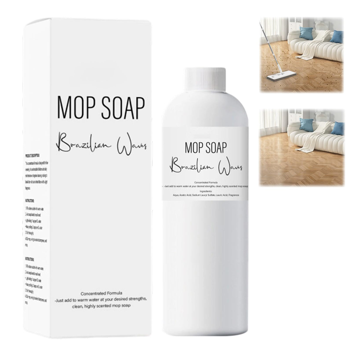 Brazilian Waves Mop Soap bottle closeup shows odorless formula for safe cleaning.