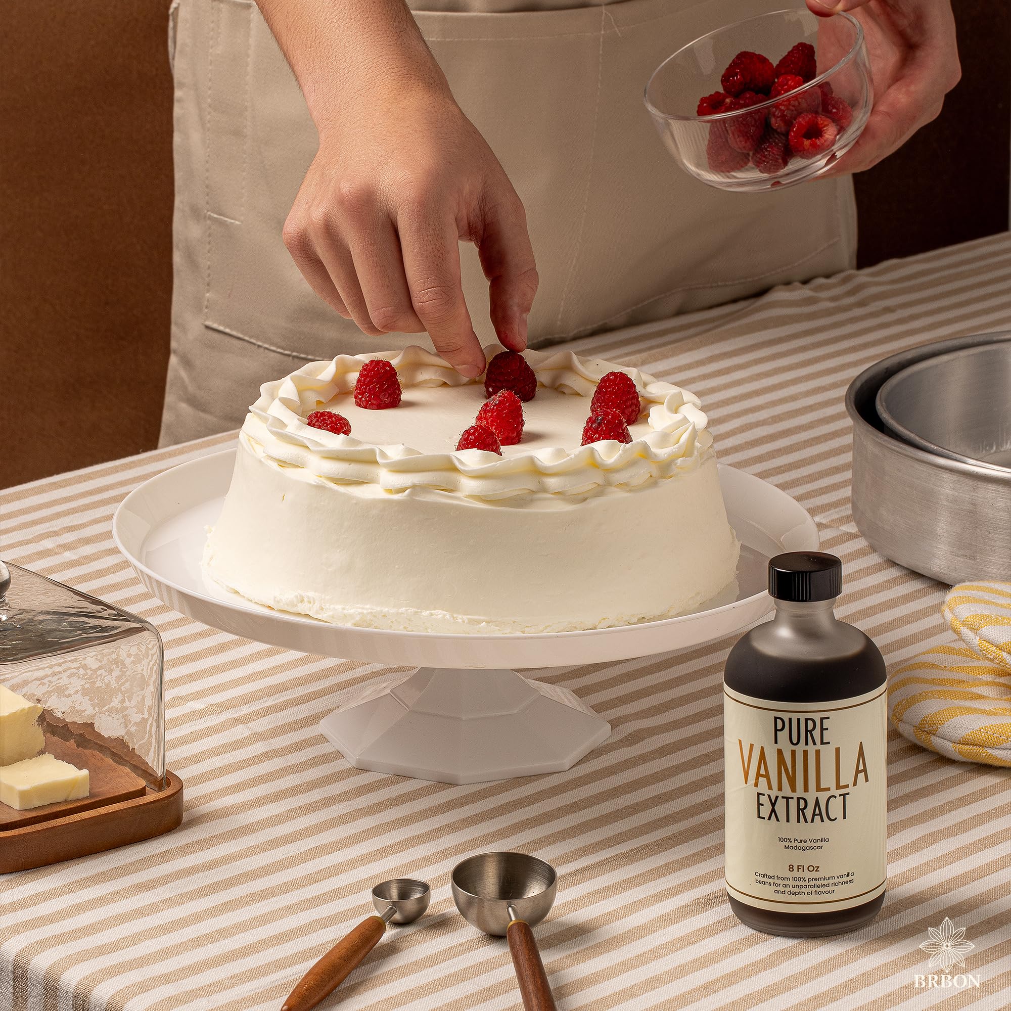 BRBON kitchen scene with vanilla extract enhancing sauces and beverages