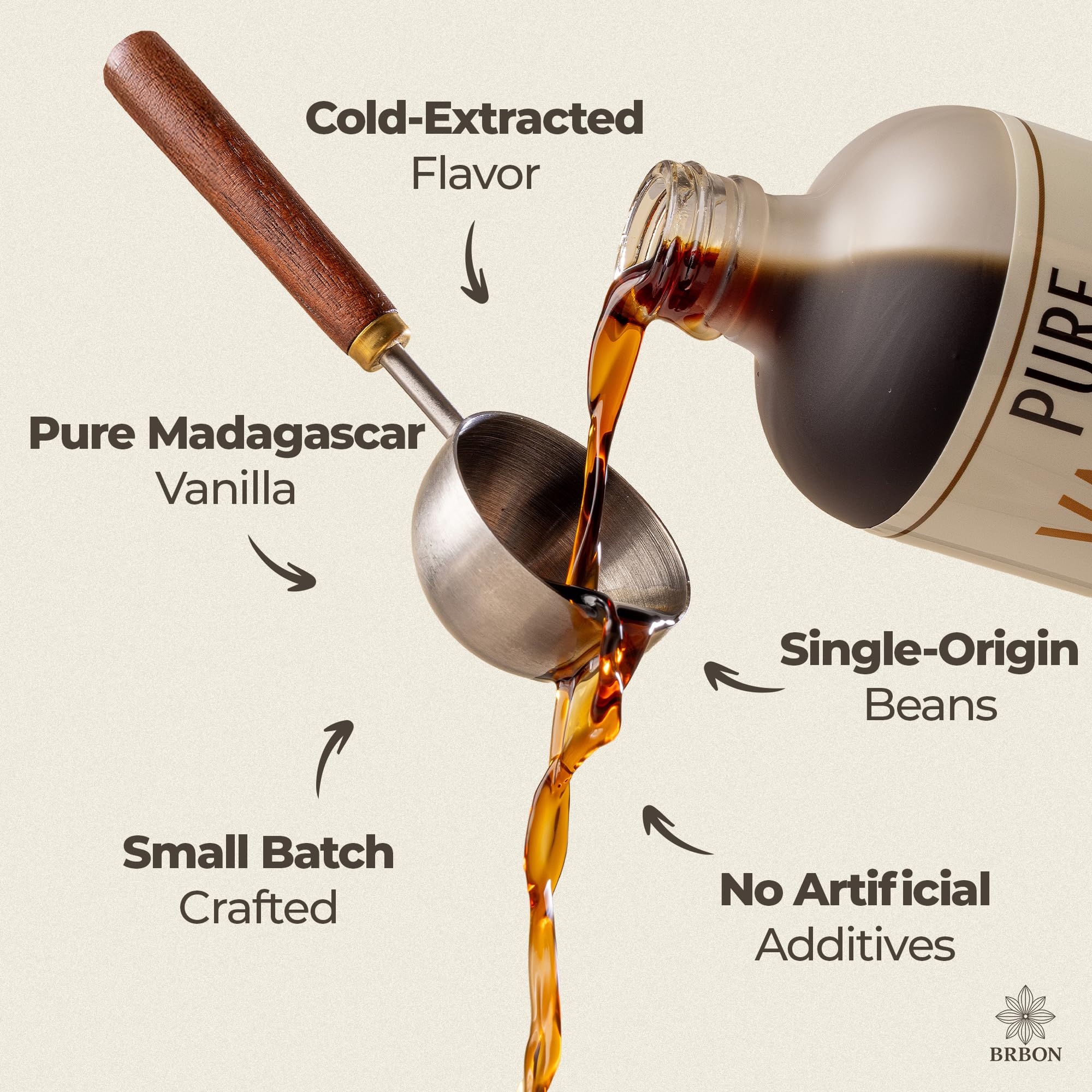 BRBON vanilla extract being poured, ensuring precise measurement for recipes