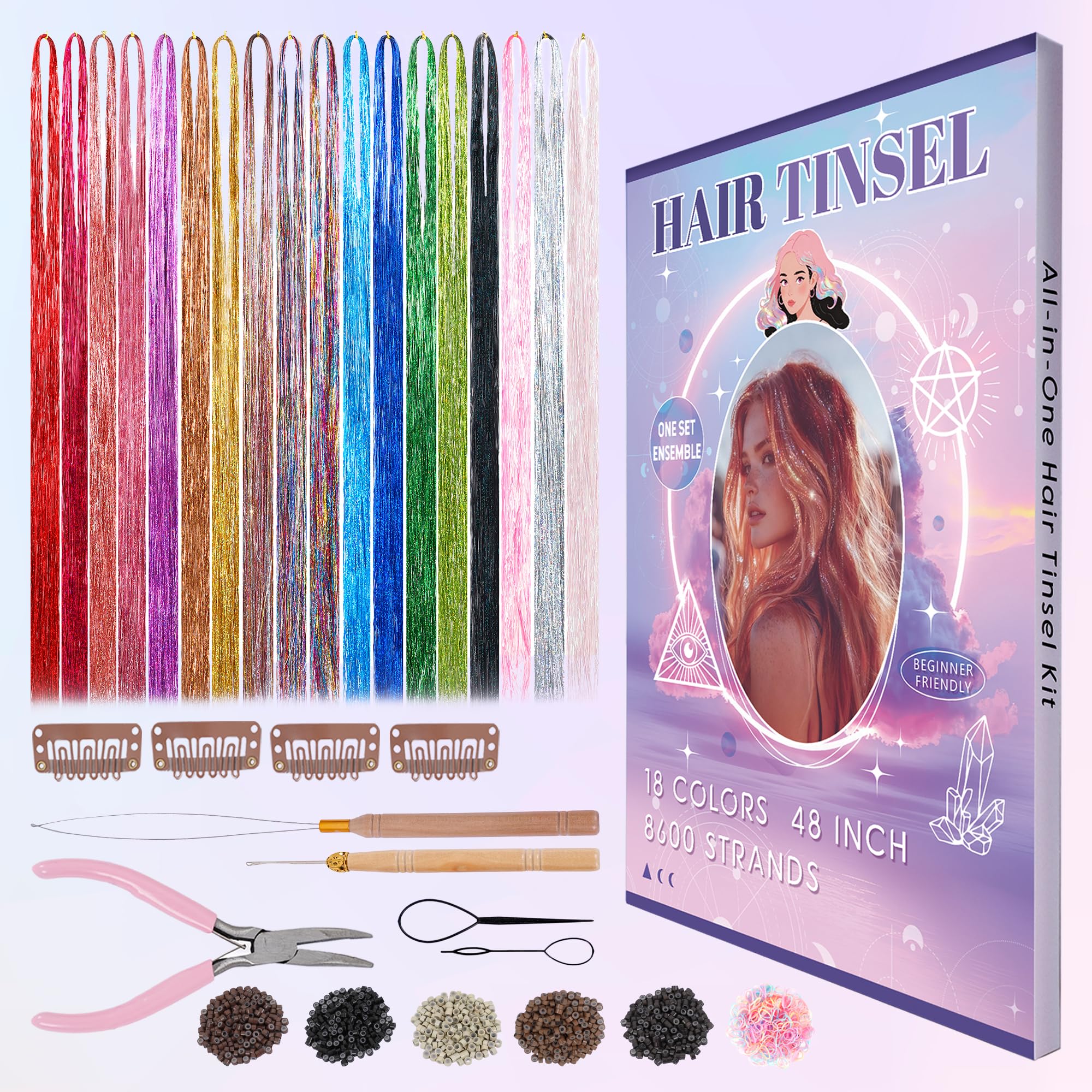 BRDLOCK Hair Tinsel 18-color pack adds shimmering color accents to everyday hairstyles.