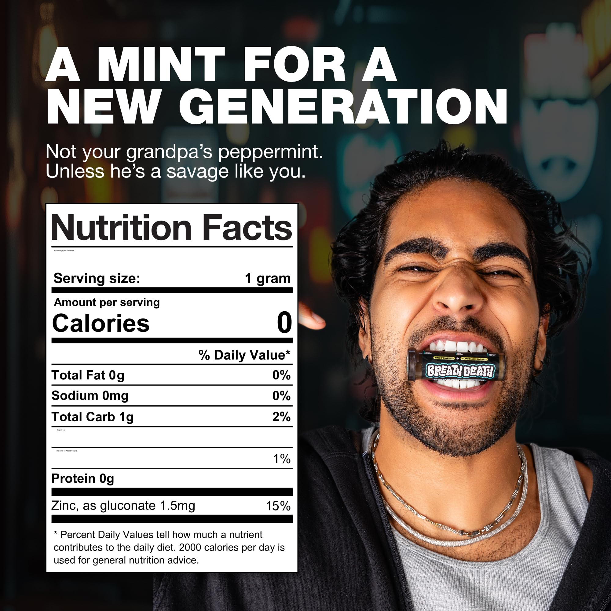 Breath Death zinc crystal mint with odor-fighting power for confident chats
