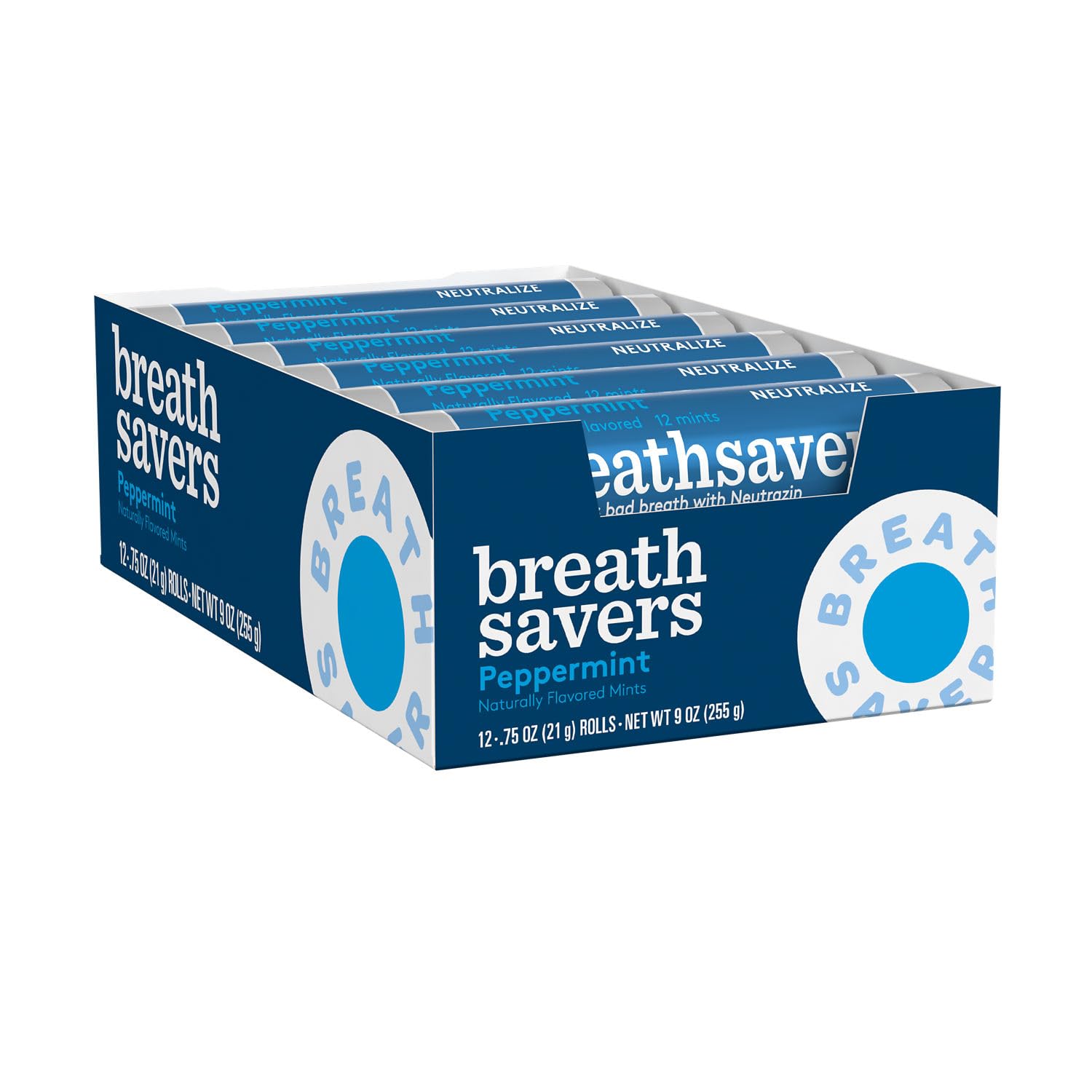 Breath Savers peppermint roll beside desk supplies for fresh breath at work.