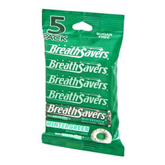 Breath Savers Wintergreen Mints close-up highlights sugar-free, minty refreshment.