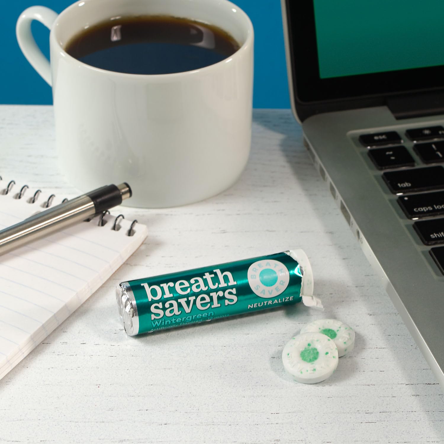 Breath Savers Wintergreen mints in car for on-the-go freshness.