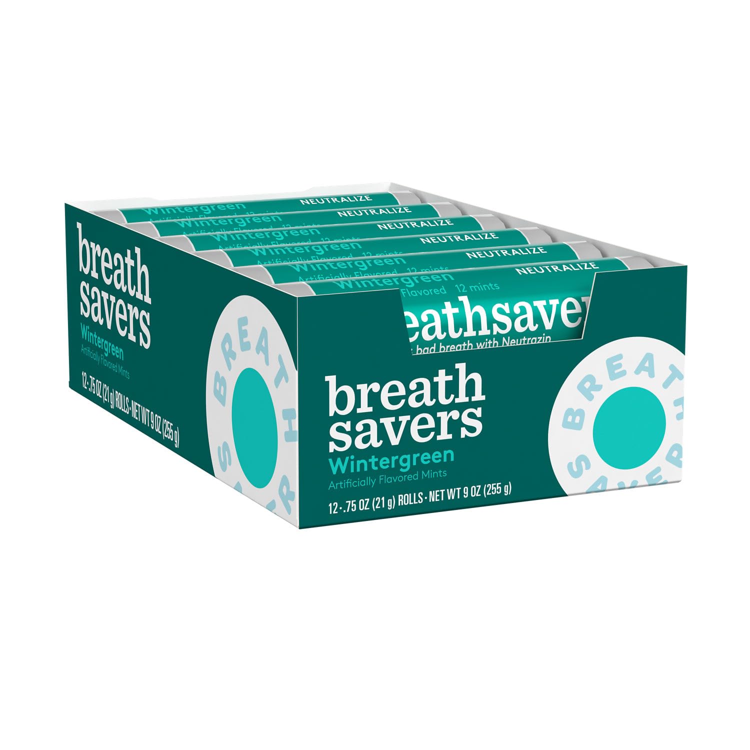 Breath Savers Wintergreen mints roll in pocket for quick breath refresh.