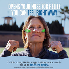 Breathe Right Extra Strength nasal strip close-up shows flexible bands lifting nasal walls.
