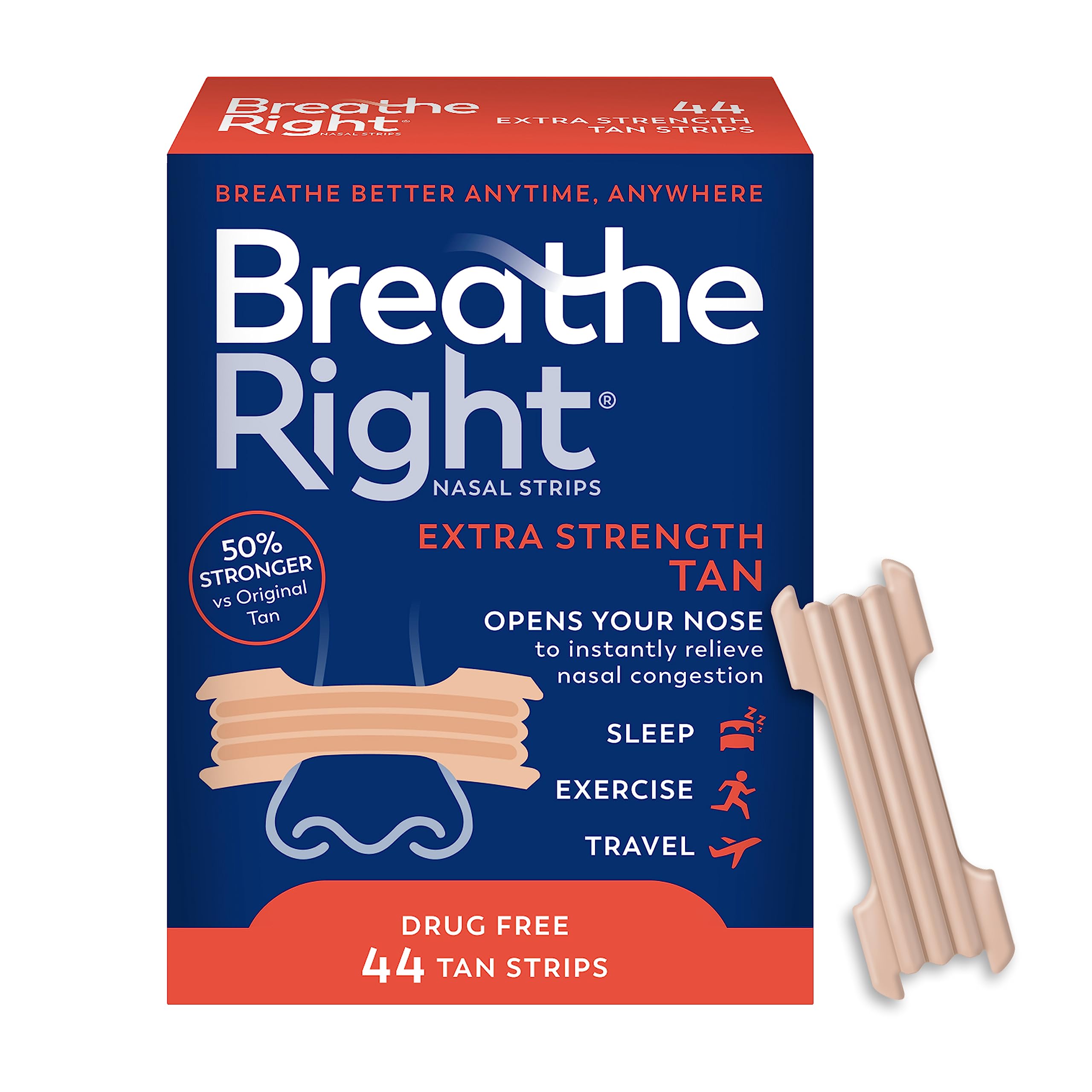 Breathe Right Extra Strength nasal strip on nose improves airflow.