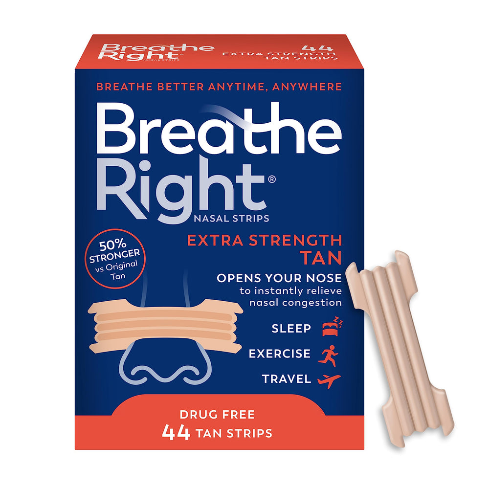 Breathe Right Extra Strength nasal strip on nose improves airflow.