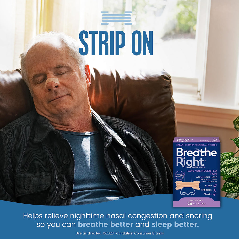 Breathe Right packaging shows lavender-scented strips for nighttime relief