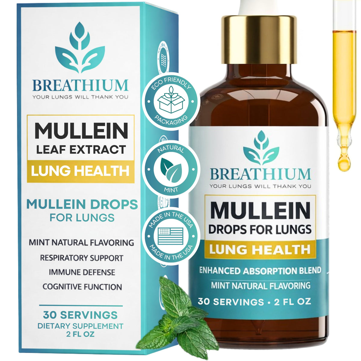 Breathium Mullein Drops bottle front view for daily use.