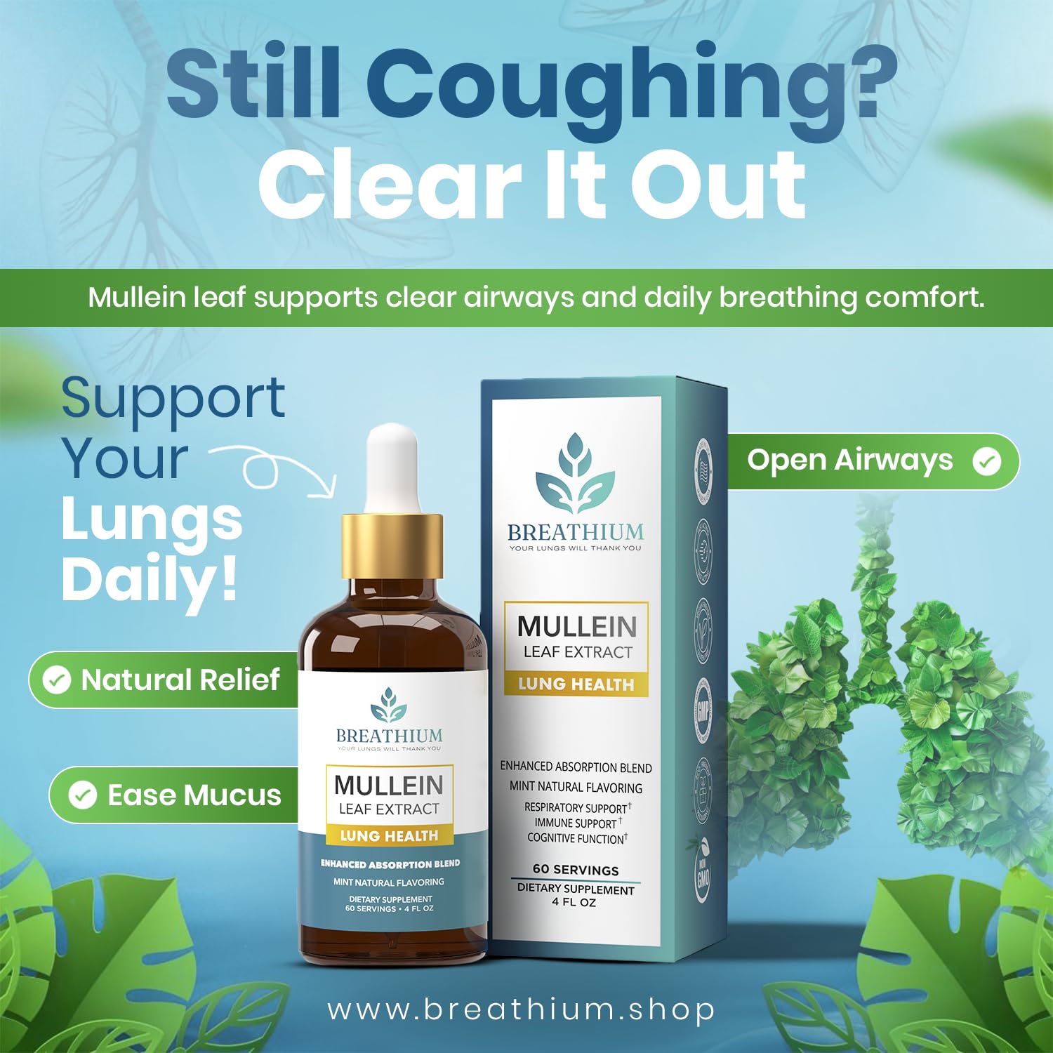 Breathium Mullein Drops bottle label close-up highlighting ingredients and purity.